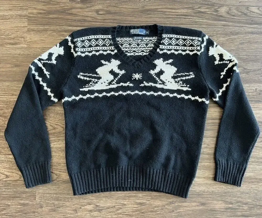 Polo Ralph Lauren Black White Apres Ski Cotton Cashmere-Angora Knit Sweater XL